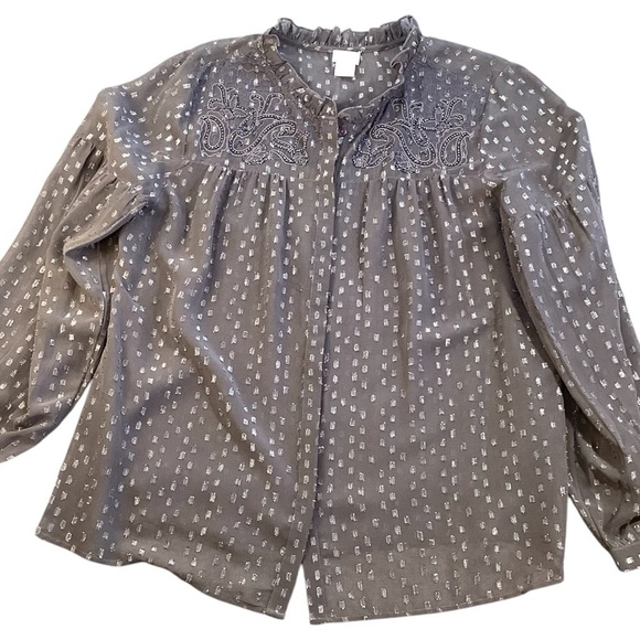 Chico’s Grey Taupe Embroidered Metallic Sequin Sheer Top Blouse Size 2 LARGE - Picture 1 of 10